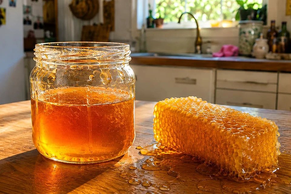 Ein Glas Honig und eine Honigwabe auf dem Küchentisch
